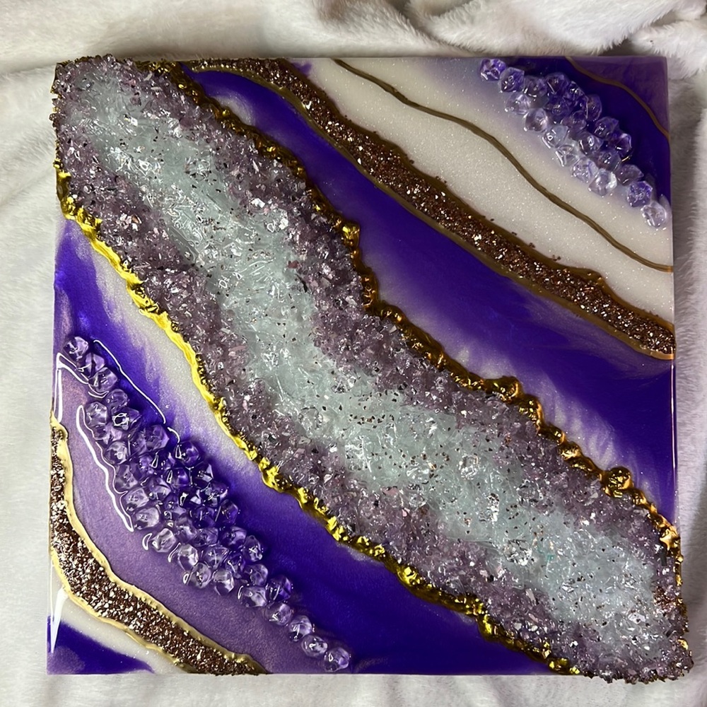 White Pearl, Lilac, and Gold Resin Geode.